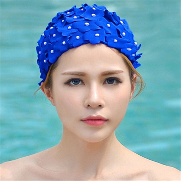 Pearl Three-dimensional Handmade Flower Swimming Cap for Women(Royal Blue)