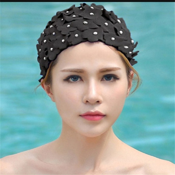 Pearl Three-dimensional Handmade Flower Swimming Cap for Women(Black)