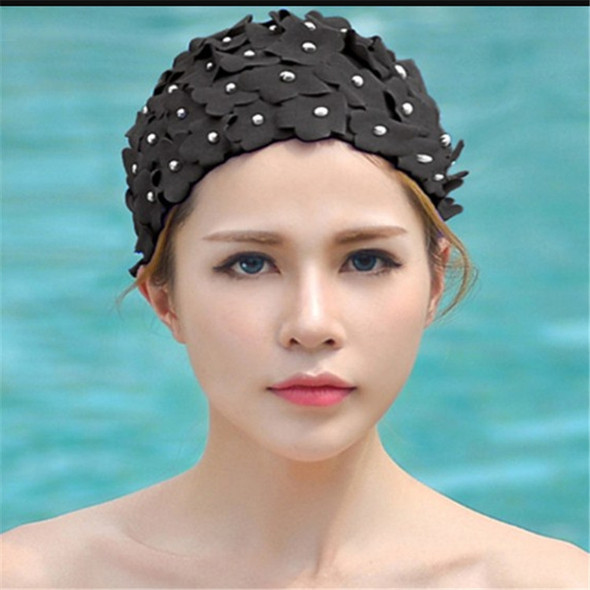 Pearl Three-dimensional Handmade Flower Swimming Cap for Women(Black)