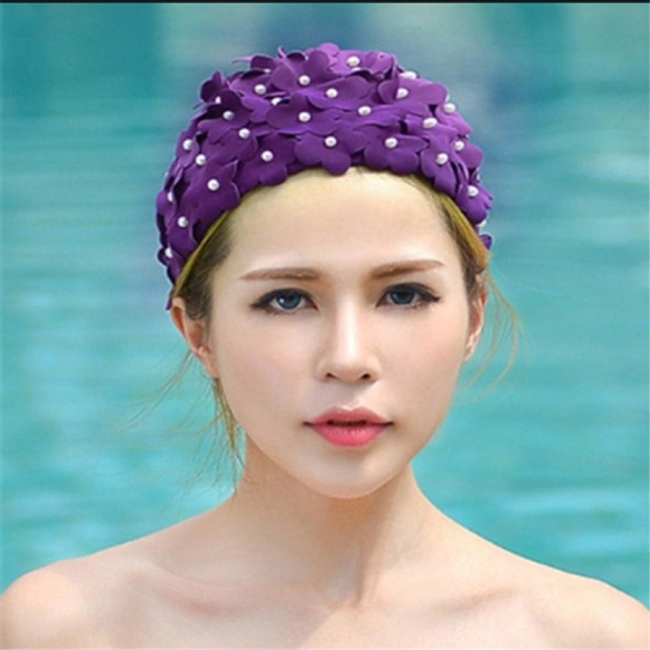 Pearl Three-dimensional Handmade Flower Swimming Cap for Women(Purple)