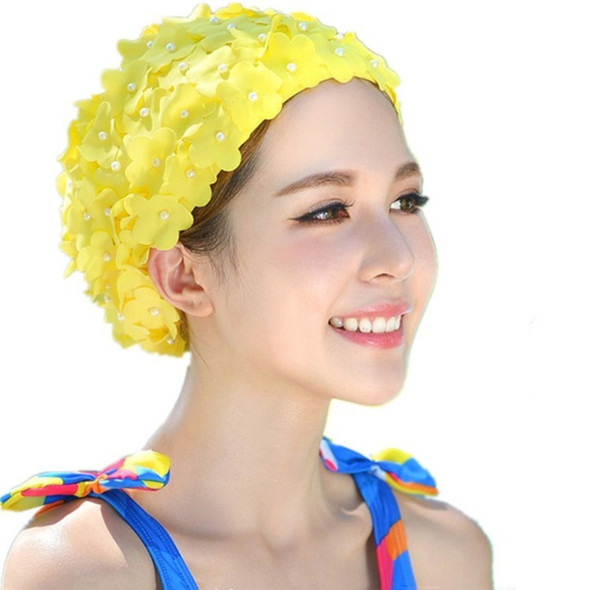Pearl Three-dimensional Handmade Flower Swimming Cap for Women(Yellow)
