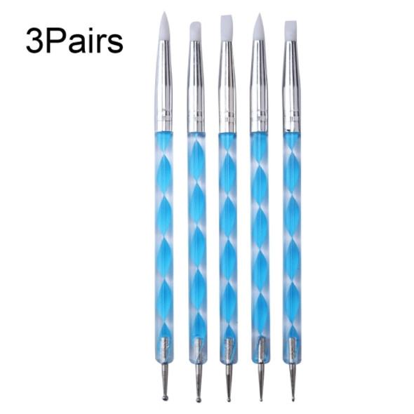 3 Pairs Nail Pen 5 Spiral Rod Silicone Pen Point Drill Pen Double Head Nail Pen Nail Tool(Blue)