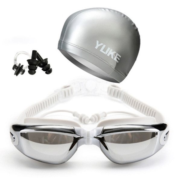 3 in 1 HD Waterproof and Anti-fog Large Frame Siamese Earplugs Swimming Goggles + Swimming Cap + Nose Clip Set for Men and Women(Silver)
