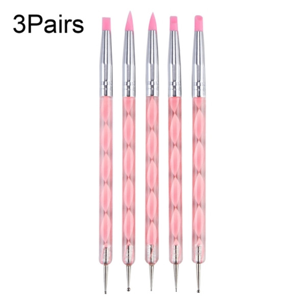 3 Pairs Nail Pen 5 Spiral Rod Silicone Pen Point Drill Pen Double Head Nail Pen Nail Tool(Pink)