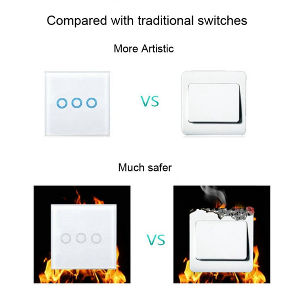 D6-03 86mm Wall Touch Switch, Tempered Glass Panel, 3 Gang 1 Way, EU / UK Standard(Gold)