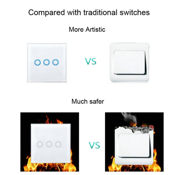 D6-03 86mm Wall Touch Switch, Tempered Glass Panel, 3 Gang 1 Way, EU / UK Standard(White)