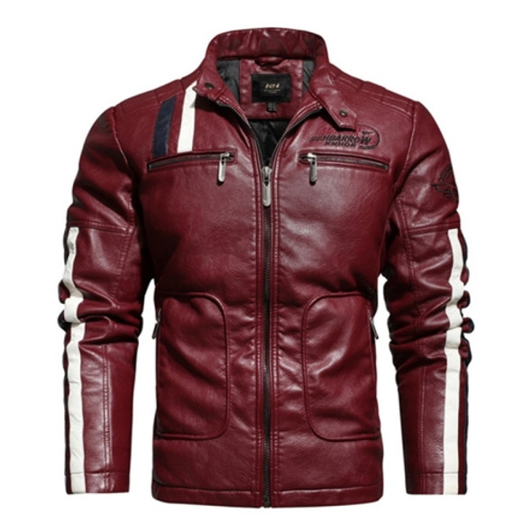 Autumn and Winter Letters Embroidery Pattern Tight-fitting Motorcycle Leather Jacket for Men (Color:Red Size:L)