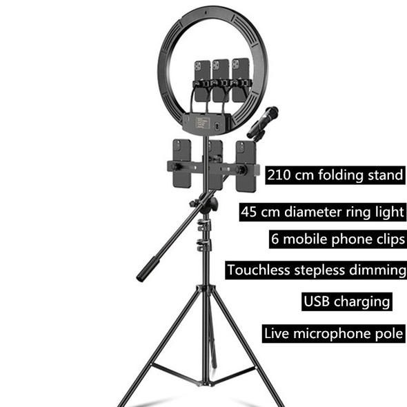 18 inch+6 Phone Clips+Microphone Pole Dimmable Color Temperature LED Ring Fill Light Live Broadcast Set With 2.1m Tripod Mount, CN Plug