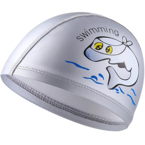 Children Swimming Cap PU Printed Cute Dolphin Pattern Elastic Swimming Cap(Silver Grey)