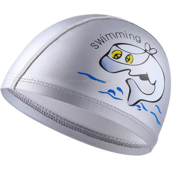 Children Swimming Cap PU Printed Cute Dolphin Pattern Elastic Swimming Cap(Silver Grey)