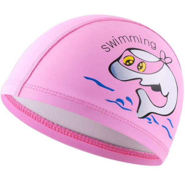 Children Swimming Cap PU Printed Cute Dolphin Pattern Elastic Swimming Cap(Pink)