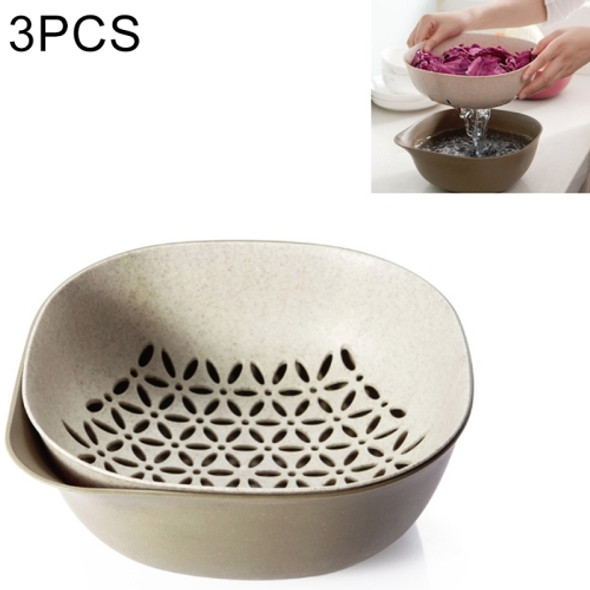 3 PCS Home Kitchen Double Layer Wheat Straw Fruit Vegetable Drain Basket(Beige)