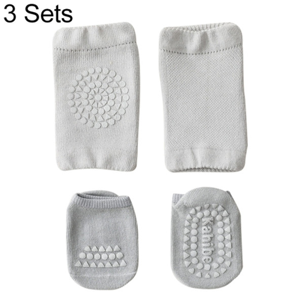 3 Sets Summer Children Knee Pads Baby Floor Socks Baby Non-Slip Crawling Sports Protection Suit S 0-1 Years Old(Light Gray)