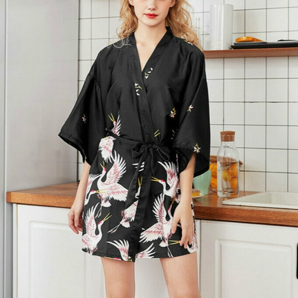 Womens Summer Print Kimono Robe Satin Lace Gown Fashion Sleepwear, Size:XL(Black)