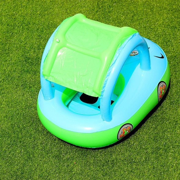 Sunshade and Sunscreen Baby Swimming Ring Car Boat Shape Inflatable Swimming Ring with Horn(Light Blue + Green)