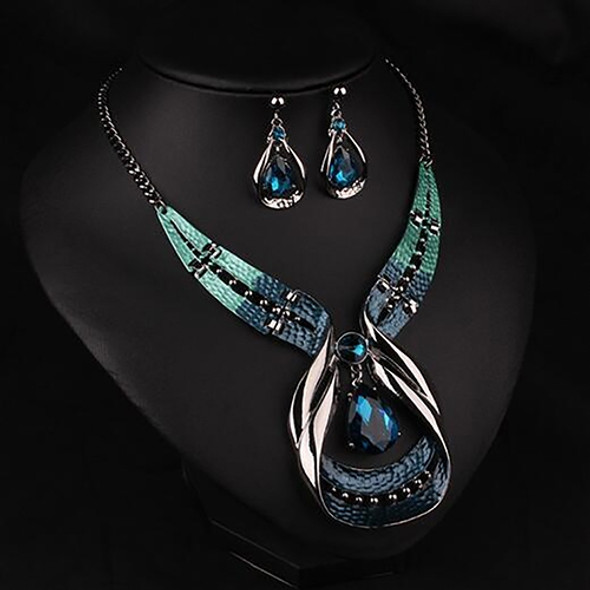 Women Fashion Waterdrop Diamond Earrings Necklace Jewelry Set