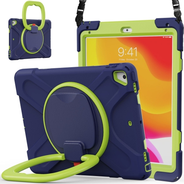 For iPad 9.7 inch (2018/2017) Silicone + PC Protective Case with Holder & Shoulder Strap(Navy Blue + Yellow Green)