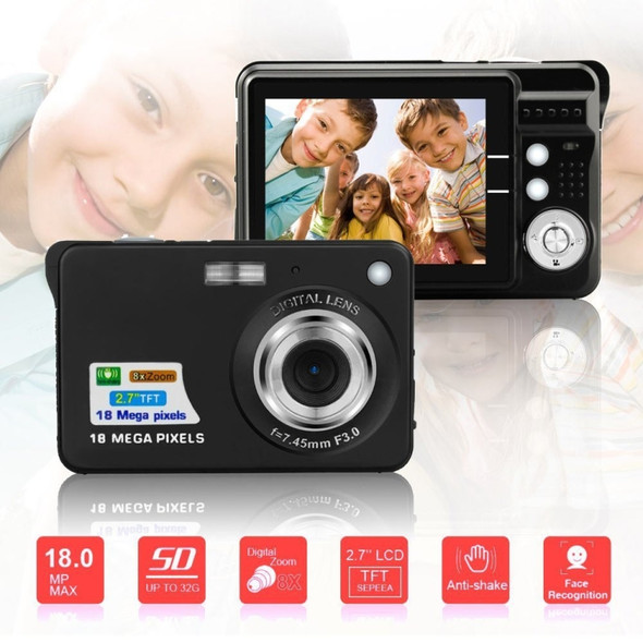 2.7 inch 18 Megapixel 8X Zoom HD Digital Camera Card-type Automatic Camera for Children, with SD Card Slot (Black)