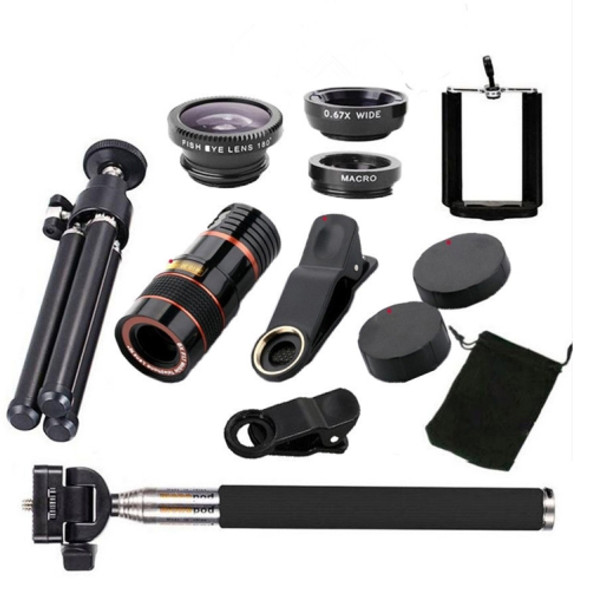 10 In 1 Telephoto Mobile Phone Universal Lens Wide Angle Macro Fisheye Selfie Stick Set, Specification: 8X (Black)