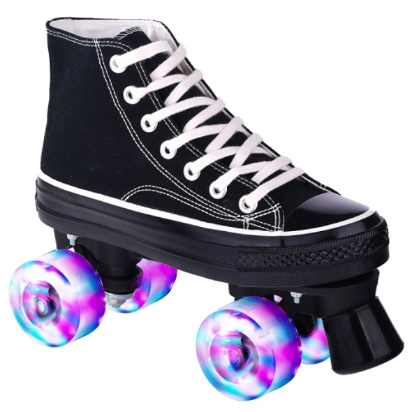 Flash Roller Skates Four-Wheel Double-Row Canvas Roller Skates, Size:36(Cool Black)