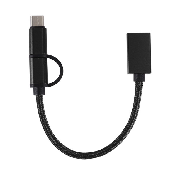 USB 3.0 Female to Micro USB + USB-C / Type-C Male Charging + Transmission OTG Nylon Braided Adapter Cable, Cable Length: 19cm(Black)
