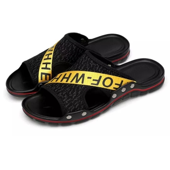 Flying Weaving Comfortable and Breathable Ultra-light Casual Slippers for Men (Color:Black Yellow Size:42)