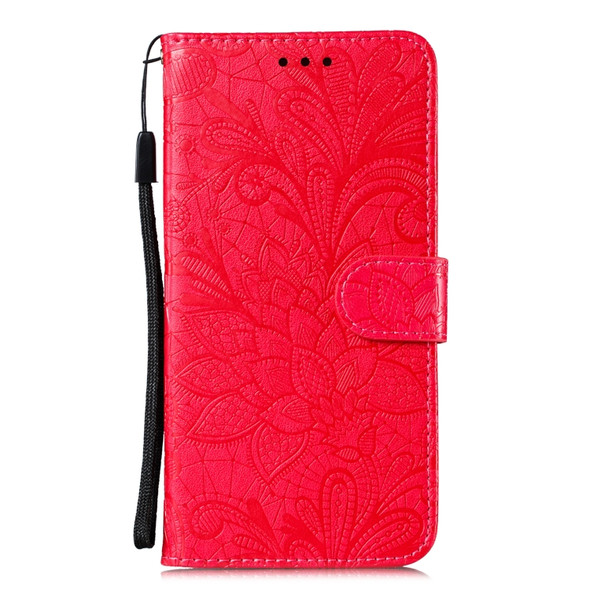For Huawei P40 Lace Flower Embossing Pattern Horizontal Flip Leather Case with Holder & Card Slots & Wallet & Photo Frame & Lanyard(Red)