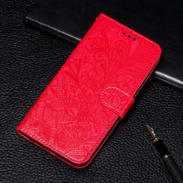 For Huawei P40 Lace Flower Embossing Pattern Horizontal Flip Leather Case with Holder & Card Slots & Wallet & Photo Frame & Lanyard(Red)