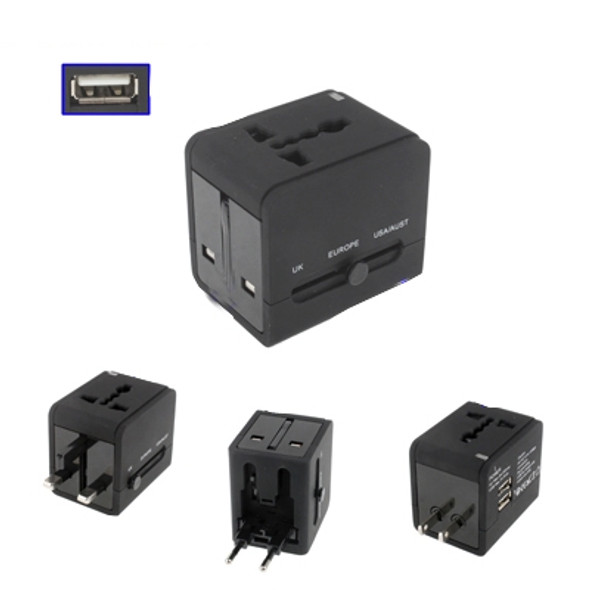 Plug Adapter, Universal US / EU / UK / AU Plug Power Connection Adaptor with 2 USB Charger Socket(Black)