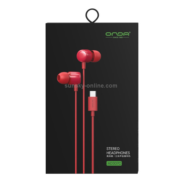 ONDA AD307C Type-C / USB-C Interface High-Fidelity Stereo In Ear Wired Earphone with Microphone(Red)