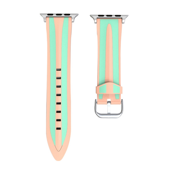 For Apple Watch Series 3 & 2 & 1 38mm Fashion Double Stripes Pattern Silicone Watch Strap (Pink+Green)
