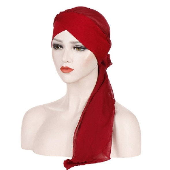 2 PCS Ladies Forehead Cross Chiffon Long Tail Cap Turban Hat, Size:One Size(Red Wine)