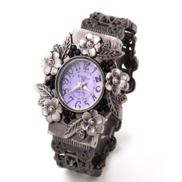 Retro Embossed Flower Bracelet Quartz Watch for Women(Purple)