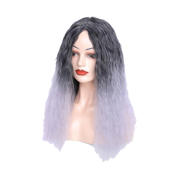 Matte Realistic Corn Perm Long Curly Hair Woolen Volume Wig Headgear(Black Gradient Light Milky Gray)