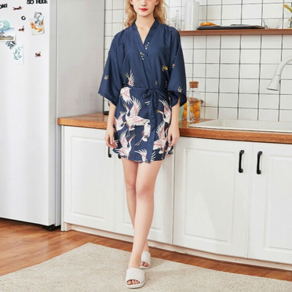 Womens Summer Print Kimono Robe Satin Lace Gown Fashion Sleepwear, Size:XXL(Dark Blue)