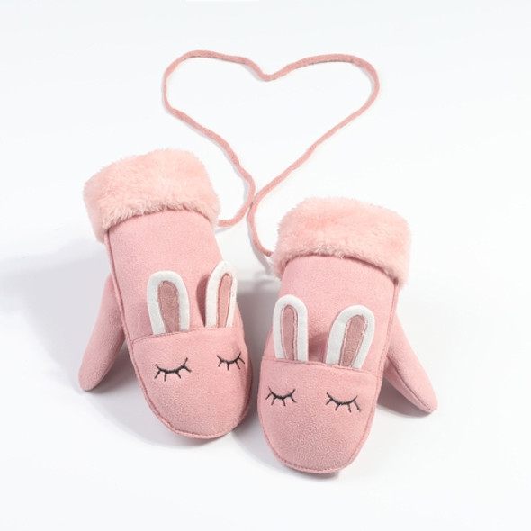 Autumn And Winter Children Gloves Outdoor Mittens Plus Velvet Warm Gloves Hanging Neck Suede Cute Gloves, Size: Free size (6~10 years old)(Pink (DR37) )