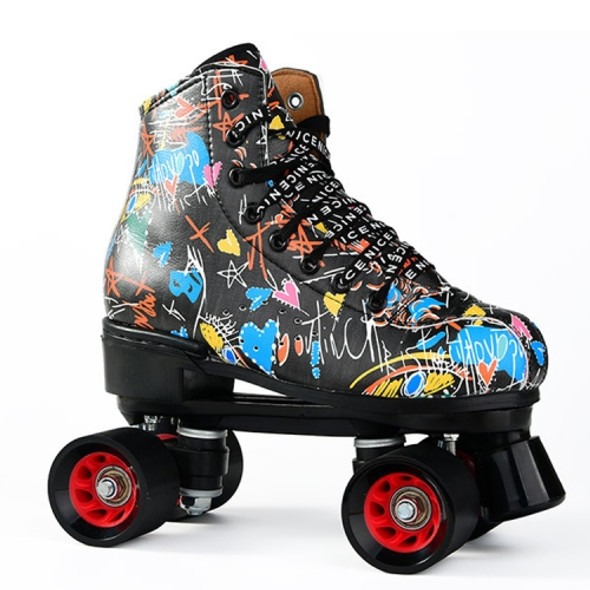 Adult Children Graffiti Roller Skates Shoes Double Row Four-Wheel Roller Skates Shoes, Size: 37(No Flash Wheel  Black)