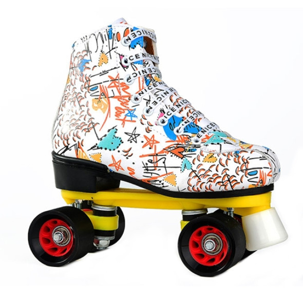 Adult Children Graffiti Roller Skates Shoes Double Row Four-Wheel Roller Skates Shoes, Size: 35(No Flash Wheel White)