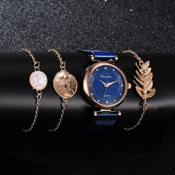Ladies Magnet Buckle Watch Casual Flower Dial Watch Alloy Mesh Quartz Watch(Blue+No.2 Bracelet)