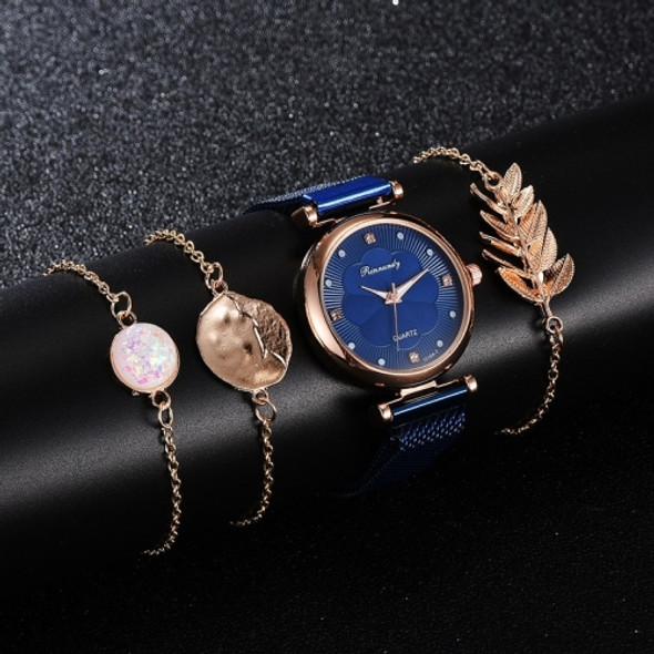 Ladies Magnet Buckle Watch Casual Flower Dial Watch Alloy Mesh Quartz Watch(Blue+No.2 Bracelet)