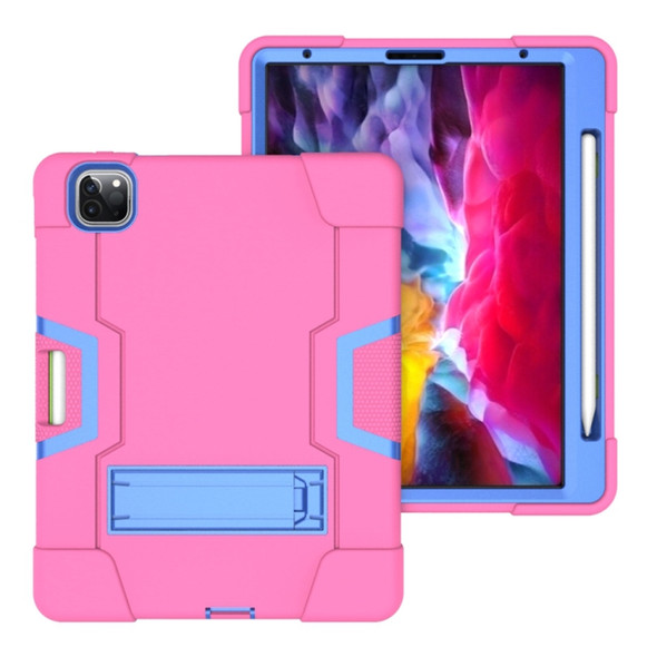 Contrast Color Robot Shockproof Silicone + PC Protective Case with Holder & Pen Slot For iPad Pro 12.9 (2018) / (2020)(Rose Red+ Blue)