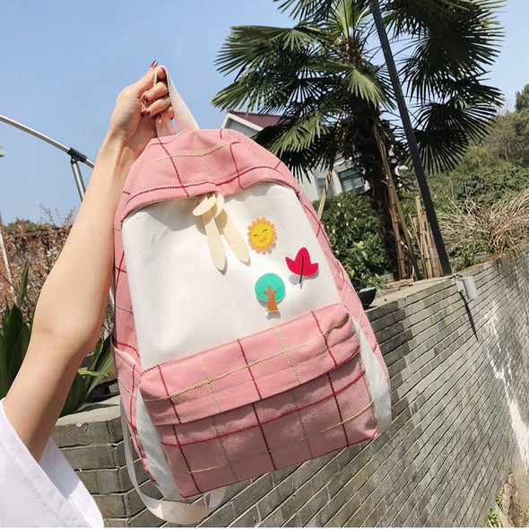 Large-capacity Fresh Tree and Sun Lattice Pattern Color Matching Casual Double Shoulders Bag Double Zipper Backpack Bag (Pink)