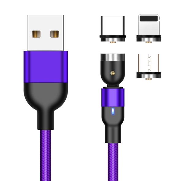 2m 2A Output 3 in 1 USB to 8 Pin + USB-C / Type-C + Micro USB Nylon Braided Rotate Magnetic Charging Cable (Purple)