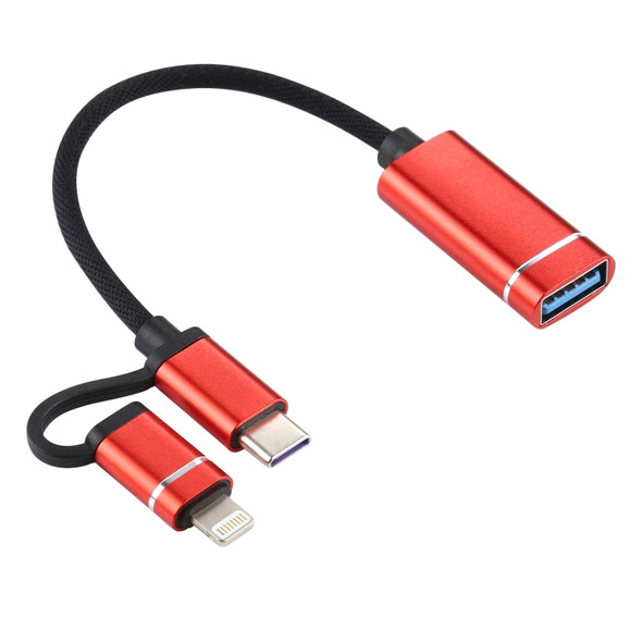 USB 3.0 Female to 8 Pin + USB-C / Type-C Male Charging + Transmission OTG Nylon Braided Adapter Cable, Cable Length: 11cm(Red)