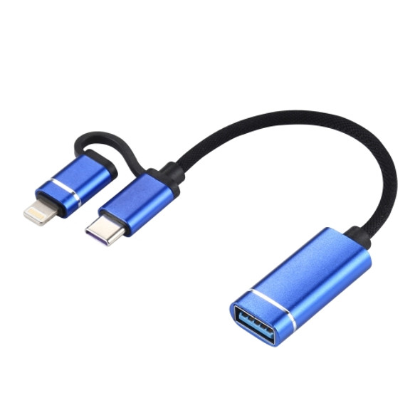 USB 3.0 Female to 8 Pin + USB-C / Type-C Male Charging + Transmission OTG Nylon Braided Adapter Cable, Cable Length: 11cm(Blue)