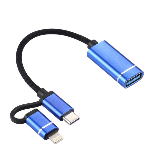 USB 3.0 Female to 8 Pin + USB-C / Type-C Male Charging + Transmission OTG Nylon Braided Adapter Cable, Cable Length: 11cm(Blue)