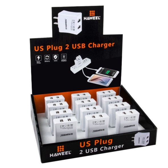 12 PCS HAWEEL 2 USB Ports Max 3.1A Travel Charger Kit with Display Stand  Box, US Plug, For iPhone, Galaxy, Huawei, Xiaomi, LG, HTC and other Smartphones