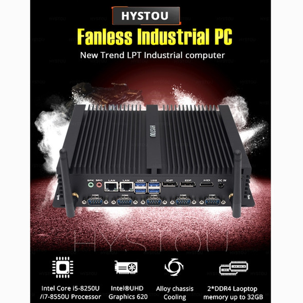 HYSTOU H4-I5-8250U Fanless Mini Industry PC Intel Core i5-8250U Processor Quad Core up to 1.6GHz, RAM: 16G, ROM: 256G, Support Win 7 / 8 / 10 / Linux(Black)