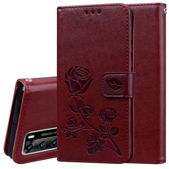 For Huawei P40 Rose Embossed Horizontal Flip PU Leather Case with Holder & Card Slots & Wallet(Brown)