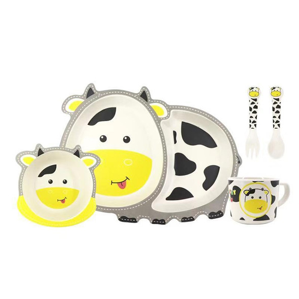 Bamboo Fiber Children Tableware Set Household Cute Cartoon Baby Food Supplement Plate Set(041 Cow)